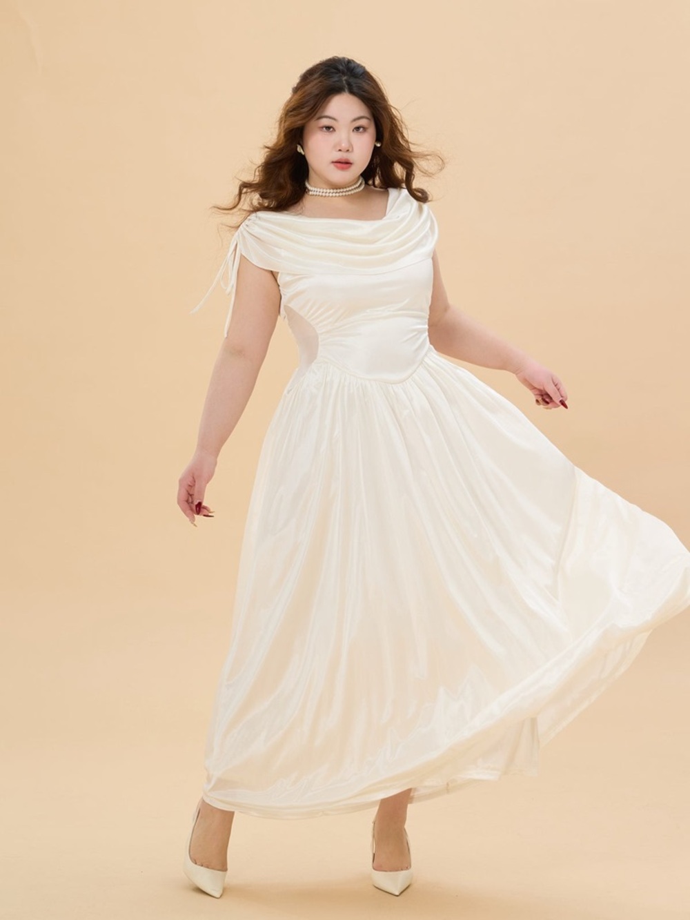 Crash Landing on You dress by Lacemade. Cream Maxi Dress with Draped Neckline